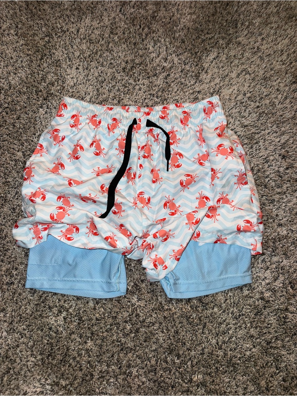 Youth Sz 10 - Crab Print Swim Shorts - White & Light Blue with Red Crabs - Picture 3 of 5